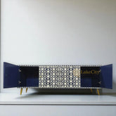 Bone Inlay Ikat Design 4 Doors Media Console Table Indigo Blue | Entertainment Unit